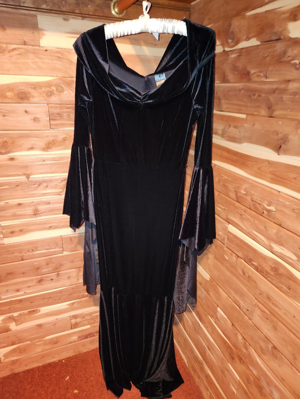 Spirit Morticia Addams Black Velvet Long Sleeve Gown with Draped Cowl